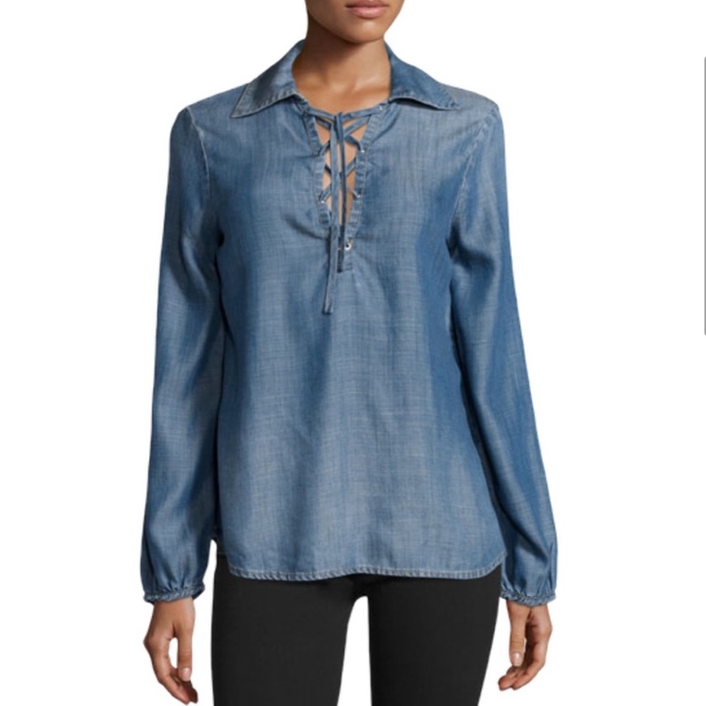 FRAME Womens Hadley Chambray Denim Lace Up Blouse XS LS Blue